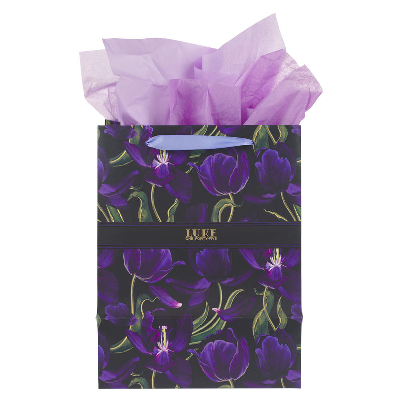 Gezegende paarse tulp met kaart - Lucas 1:45