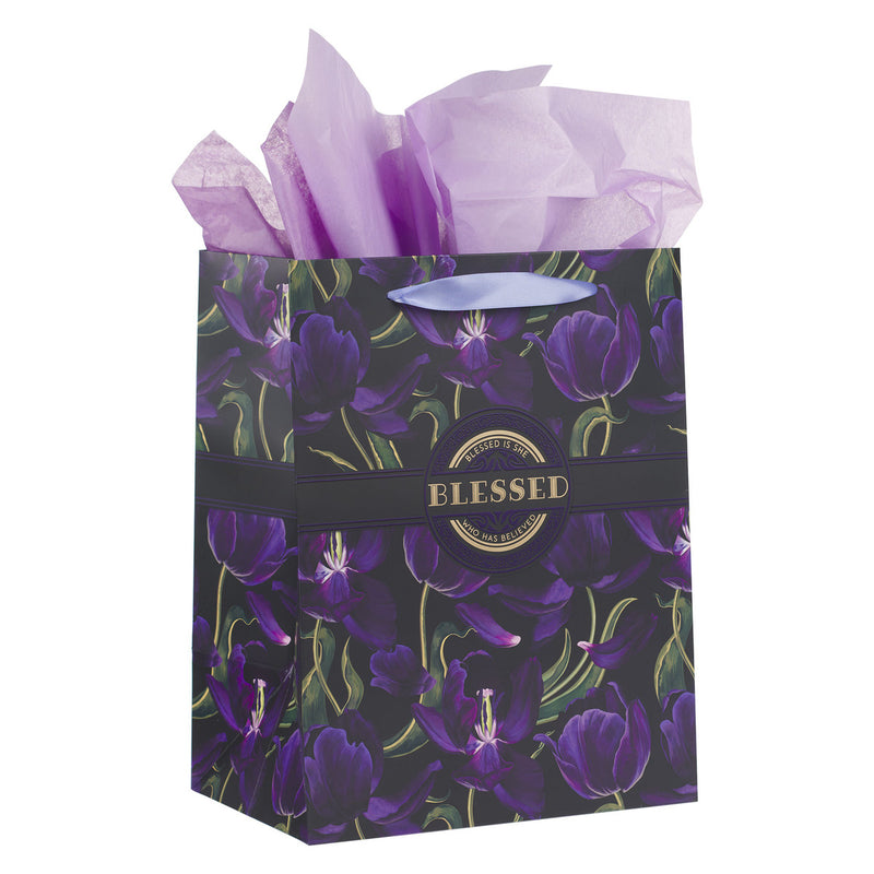 Gezegende paarse tulp met kaart - Lucas 1:45